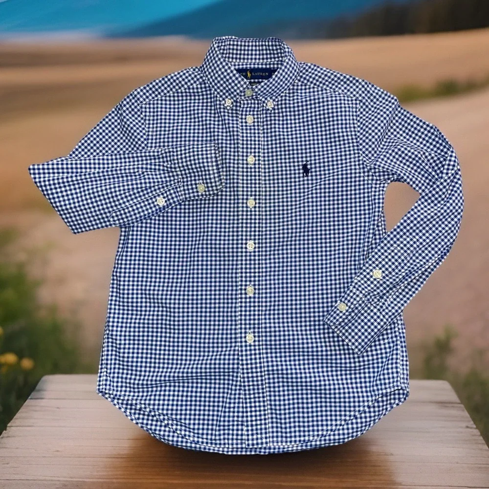 Ralph Lauren Natural‎ Stretch Shirt Boys S/P 8 Blue Gingham Check Button Down
